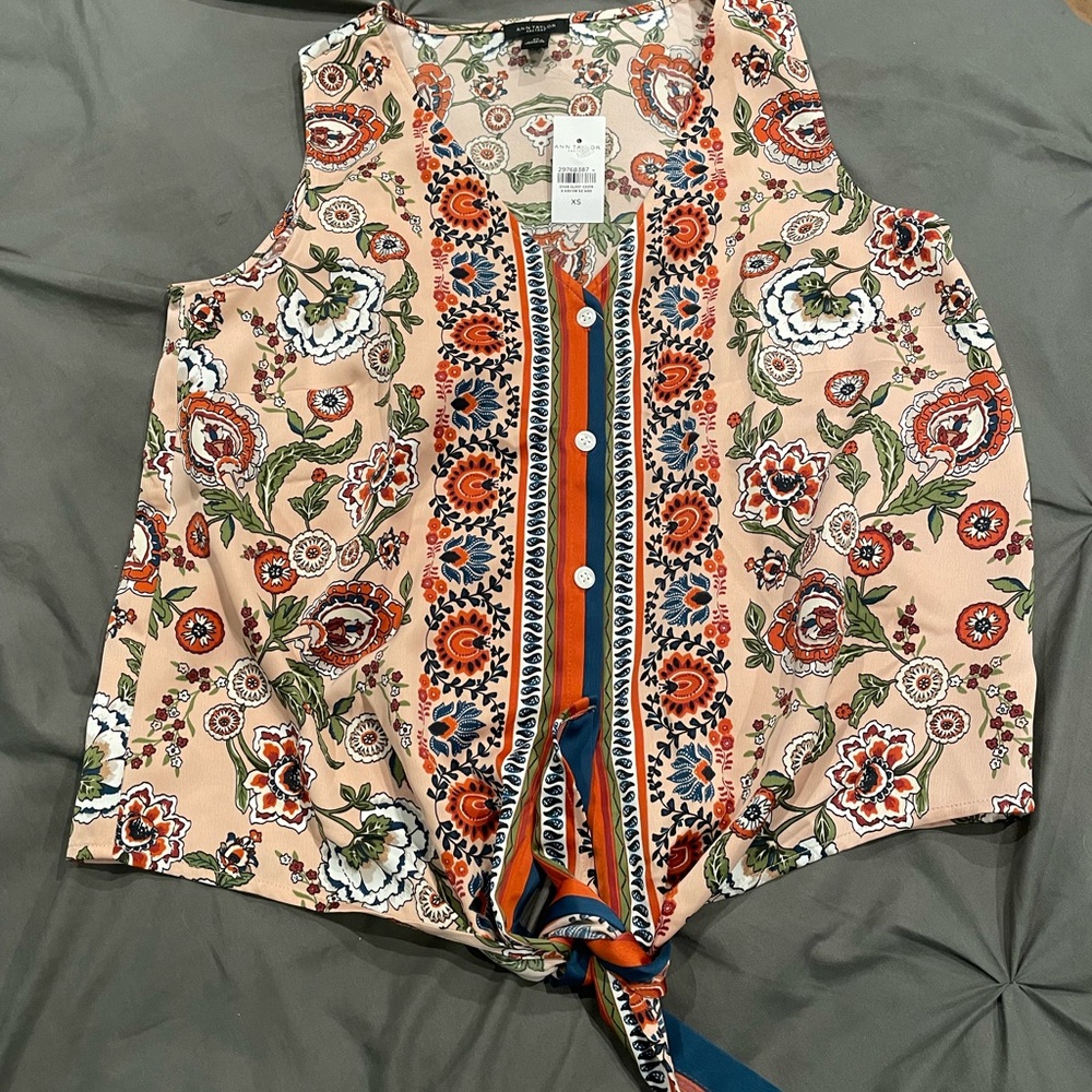 Ann Taylor Factory Floral Tie Front Shell XS NWT